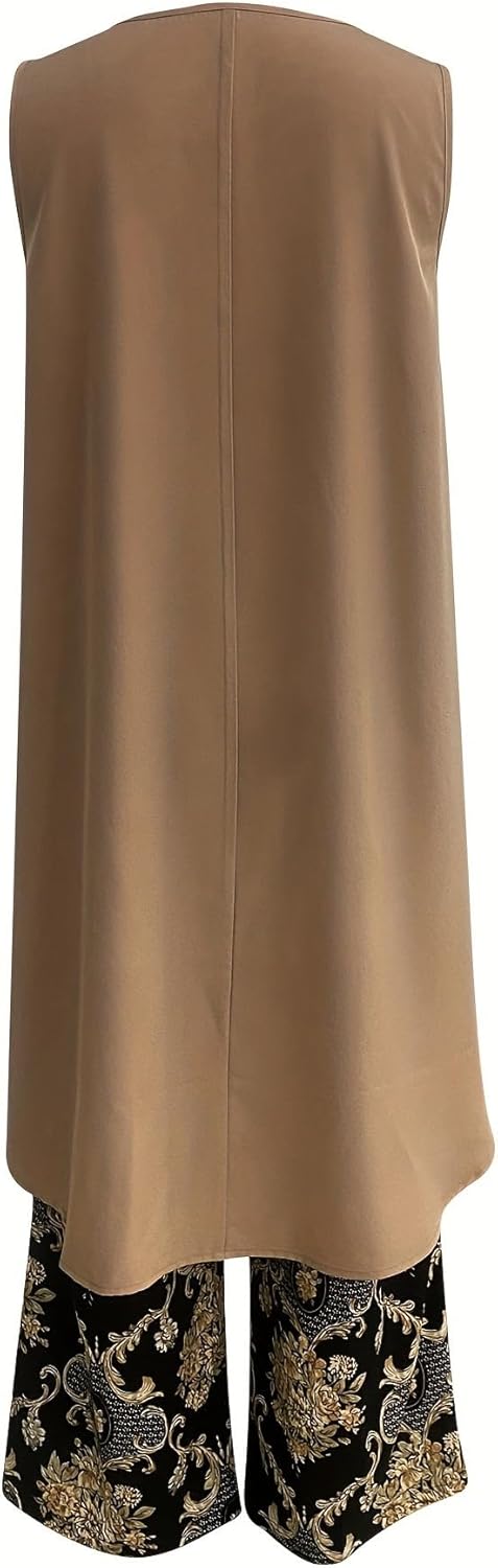 Classic women's sleeveless tunic and wide leg pants set, a comfortable two-piece outfit for relaxed summer fashion.