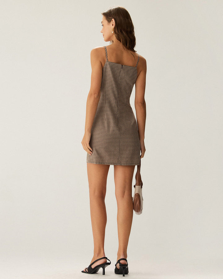 Versatile women's brown gingham spaghetti strap mini dress, comfortable for summer casual or elegant occasions.