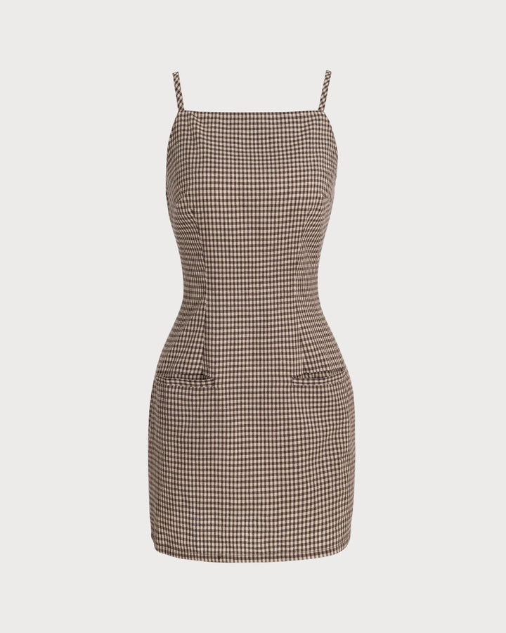 Chic women's brown gingham mini dress with spaghetti straps, an elegant choice for summer cocktail parties.