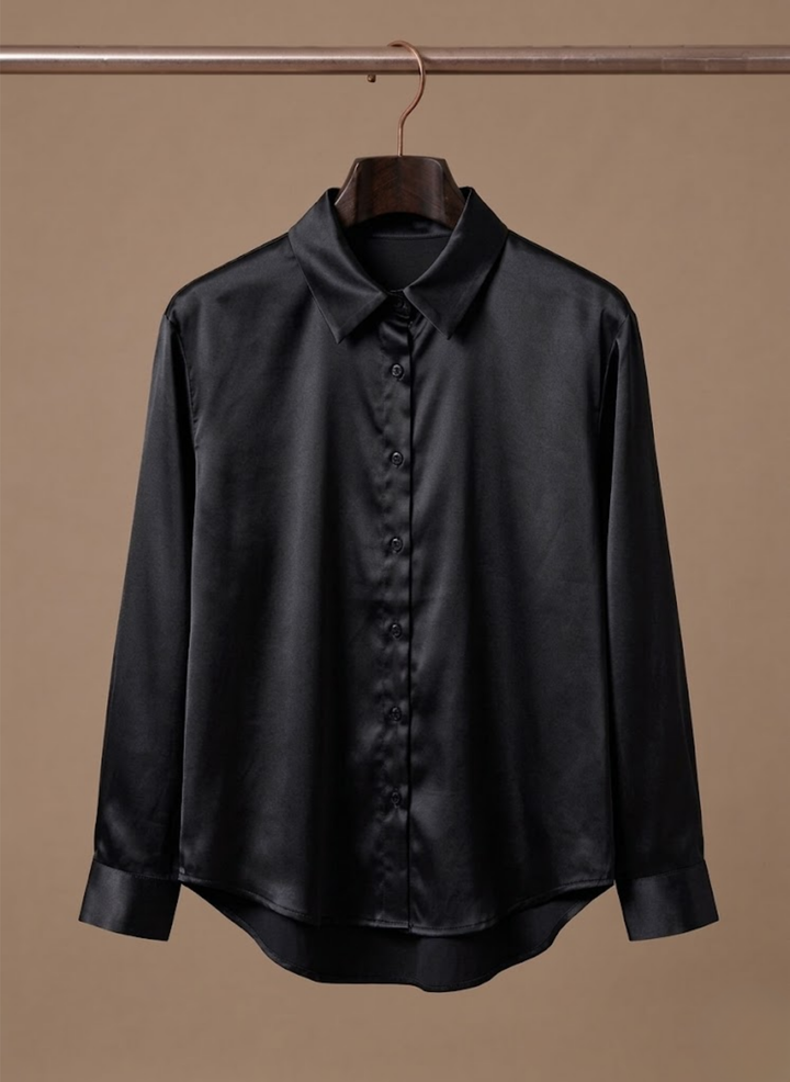 Elegant women's button-up office blouse, a chic long-sleeve professional top.