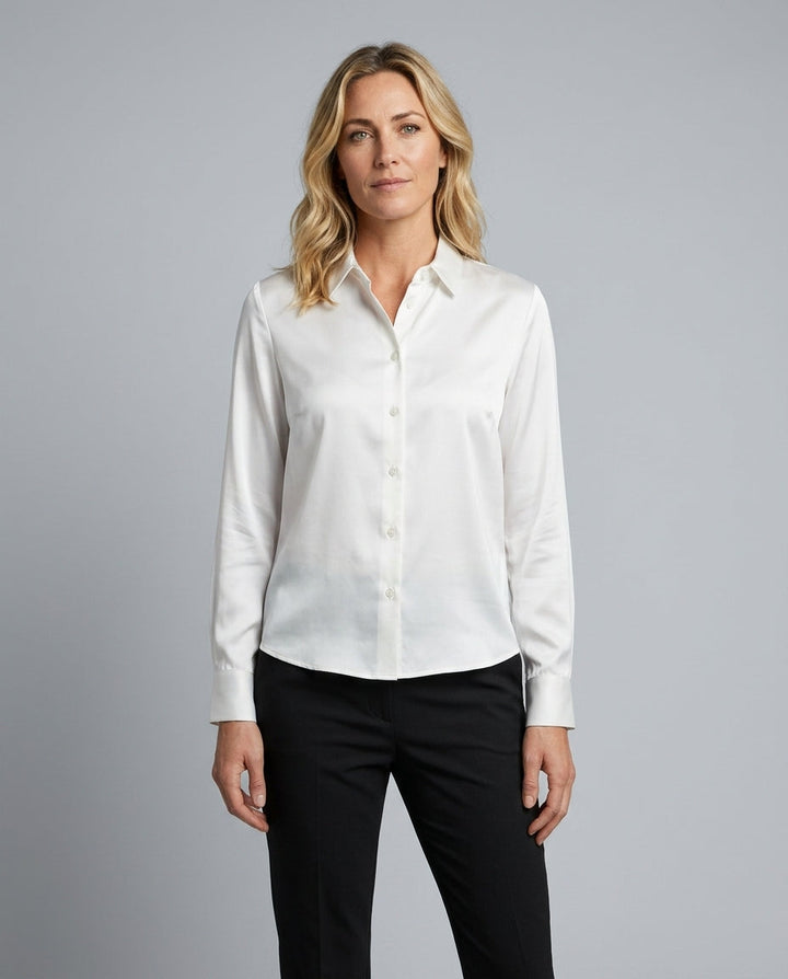 Versatile women's button-up blouse, long-sleeve design for chic office style.