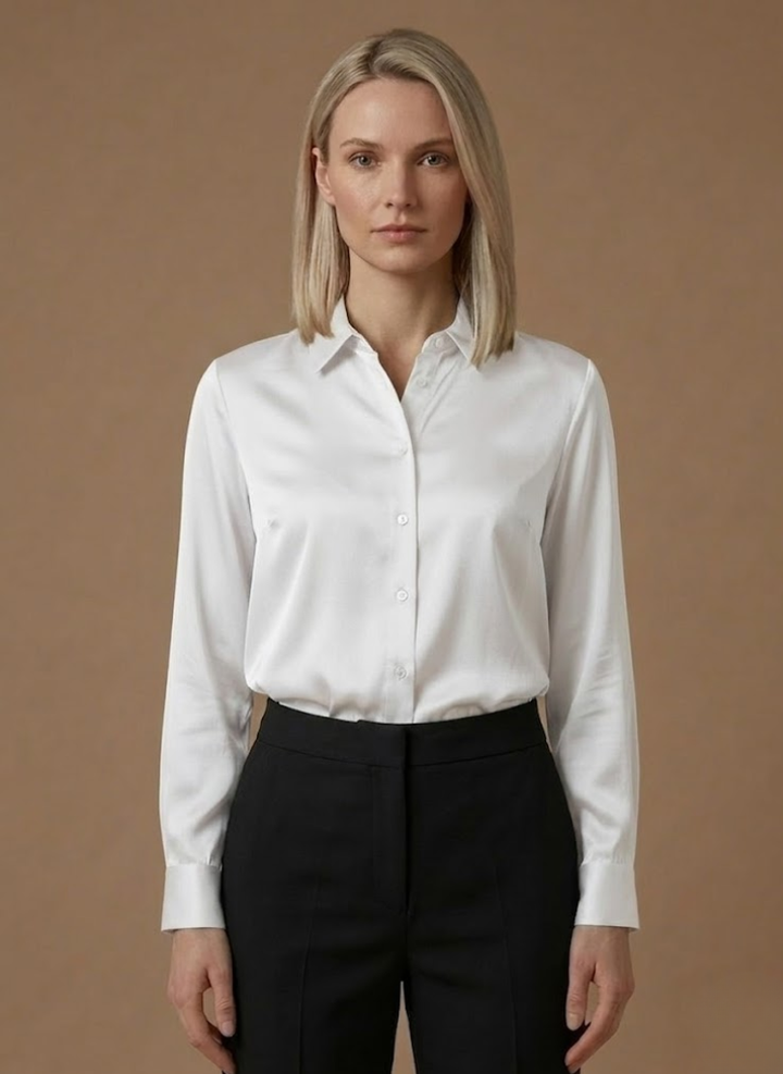 Women's chic button-up blouse, long-sleeve for elegant professional & office style.