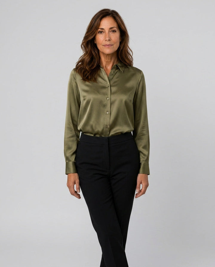 Chic long-sleeve women's blouse, perfect for professional attire & versatile fashion.