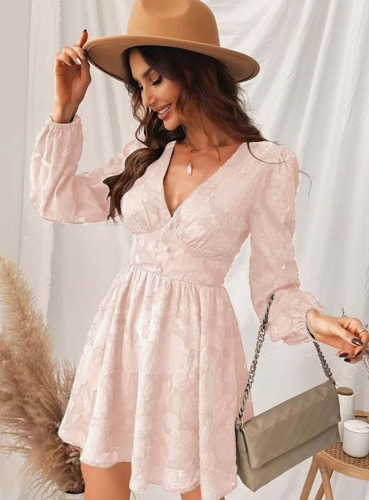 Long sleeve floral V-neck women's cocktail dress. Elegant A-line for evening events & sophisticated parties.