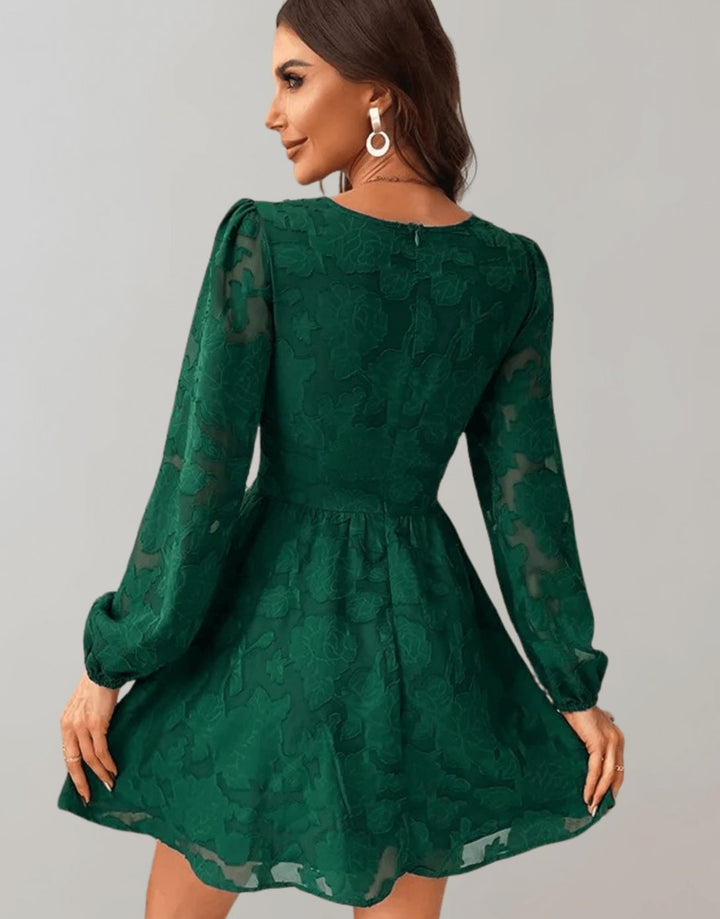 Women's A-line floral print V-neck long sleeve cocktail dress. Stylish & comfortable for parties.