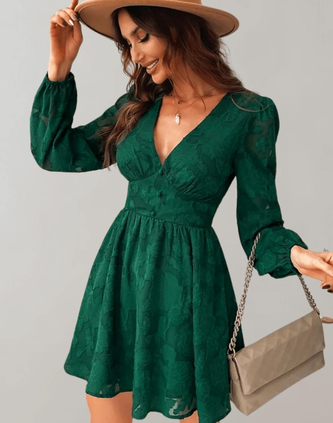 Vibrant floral V-neck long sleeve women's evening dress. Ideal for formal events & celebrations.