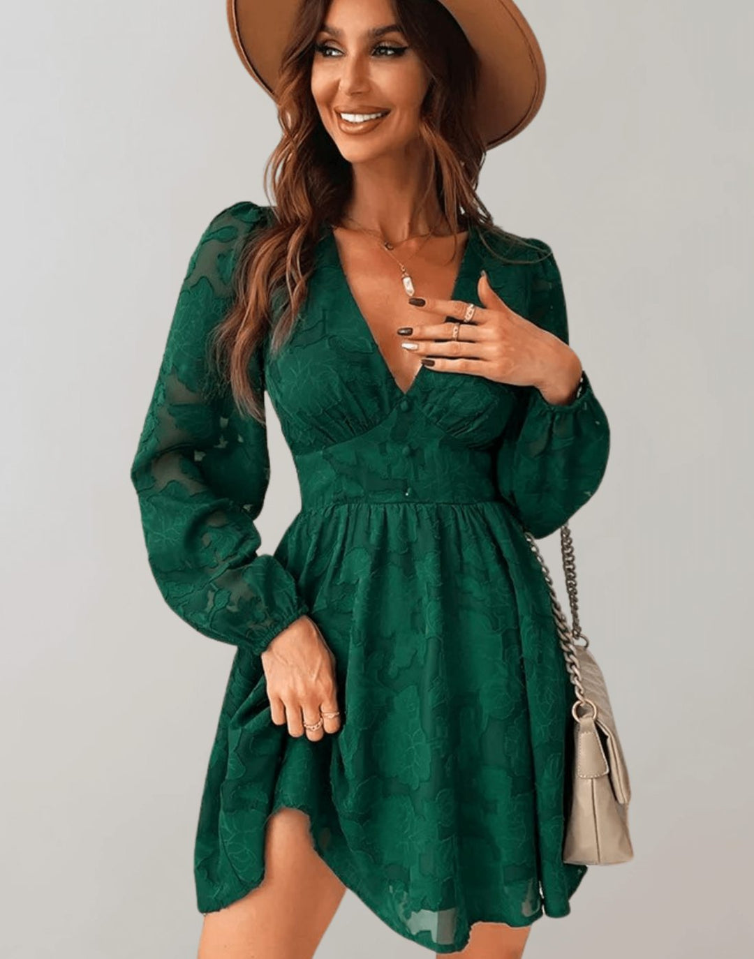 Beautiful women's floral long sleeve V-neck party dress. Elegant A-line silhouette for special occasions.