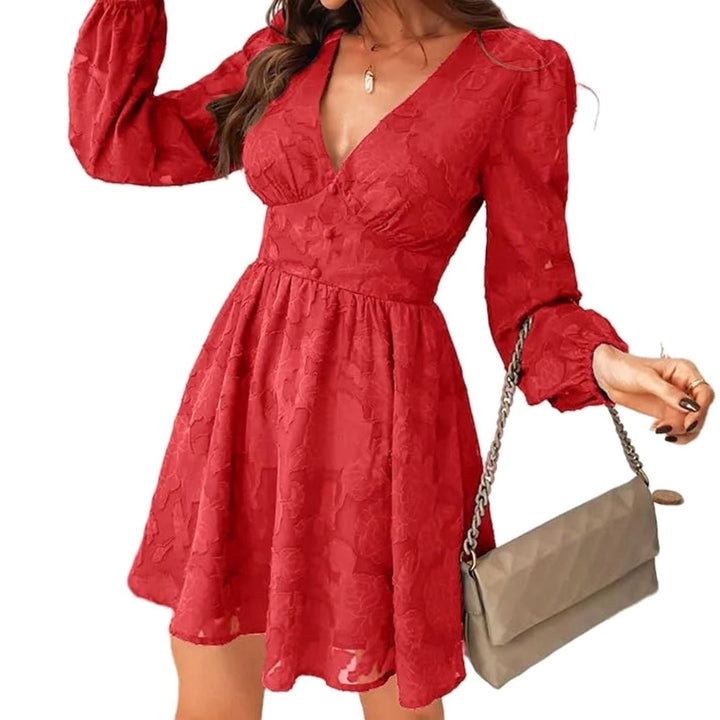 Chic women's floral V-neck long sleeve A-line dress. Elegant for evening events & formal parties.