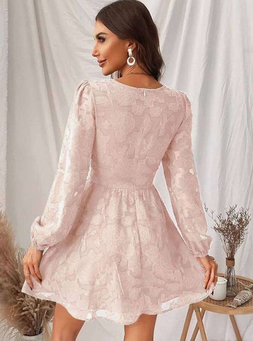 Floral print women's long sleeve V-neck party dress. Comfortable A-line for cocktail & evening events.