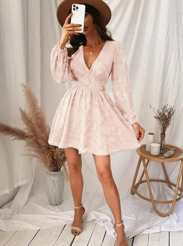 Women's V-neck floral print long sleeve evening dress. Stylish for formal parties & special celebrations.