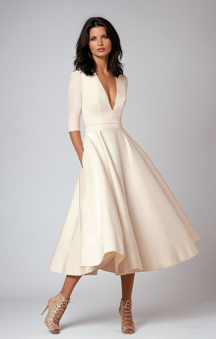 Elegant A-line V-neck midi dress for women. Perfect sophisticated occasion wear, party, or wedding guest outfit.