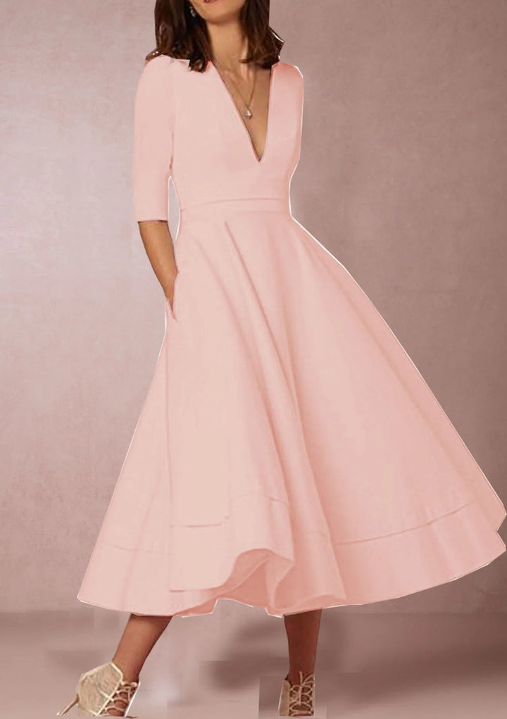 Versatile A-line V-neck midi dress for women. An elegant choice for cocktail parties, formal events, or wedding guests.