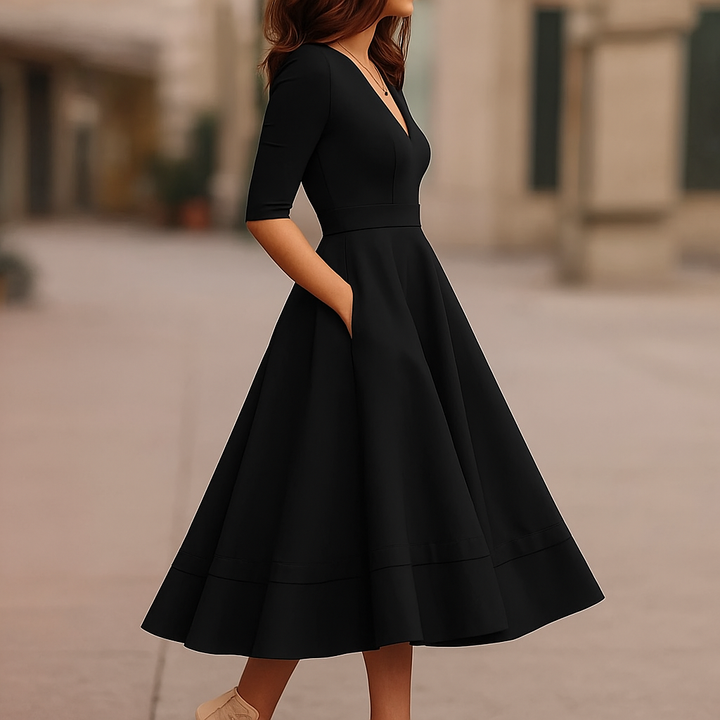 Women's elegant A-line midi dress featuring a flattering V-neck. Ideal for formal events, parties & cocktail wear.