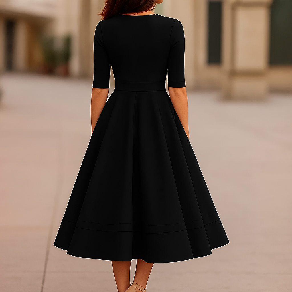 Flowy A-line midi dress with a V-neck, designed for women. A modest yet sophisticated choice for evening or party.