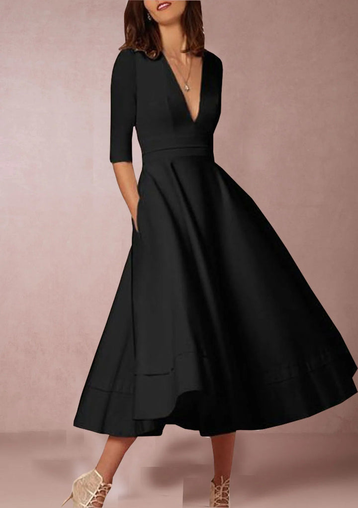 Sophisticated women's A-line V-neck midi dress. Excellent for wedding guests, formal events, or elegant party wear.