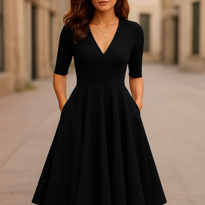 Chic A-line midi dress for women with an elegant V-neck. A stylish and comfortable option for various formal occasions.