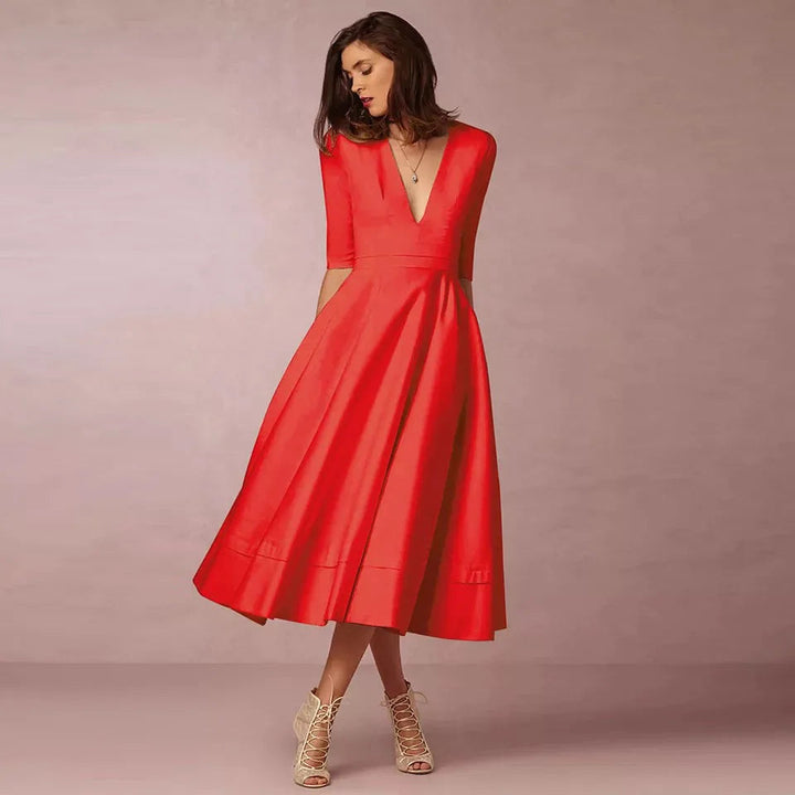Women's formal A-line V-neck midi dress. Perfect as a cocktail dress, wedding guest attire, or evening party wear.