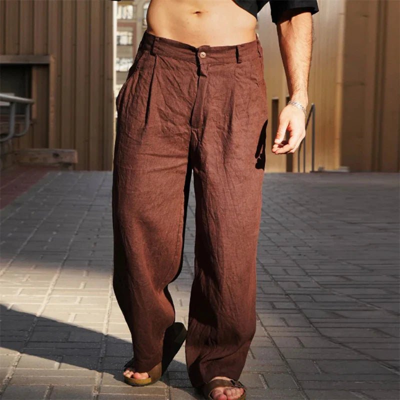 Men's relaxed fit wide leg pleated trousers in a modern, comfortable design for everyday wear.