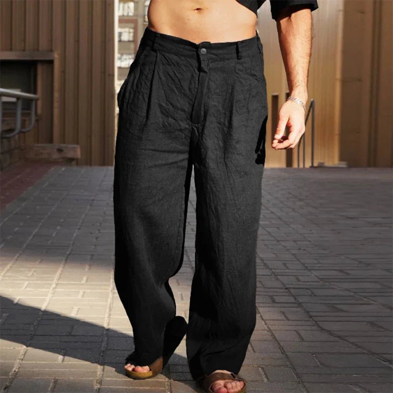 Lightweight men's wide leg pleated trousers, ideal for summer style and everyday relaxed comfort.