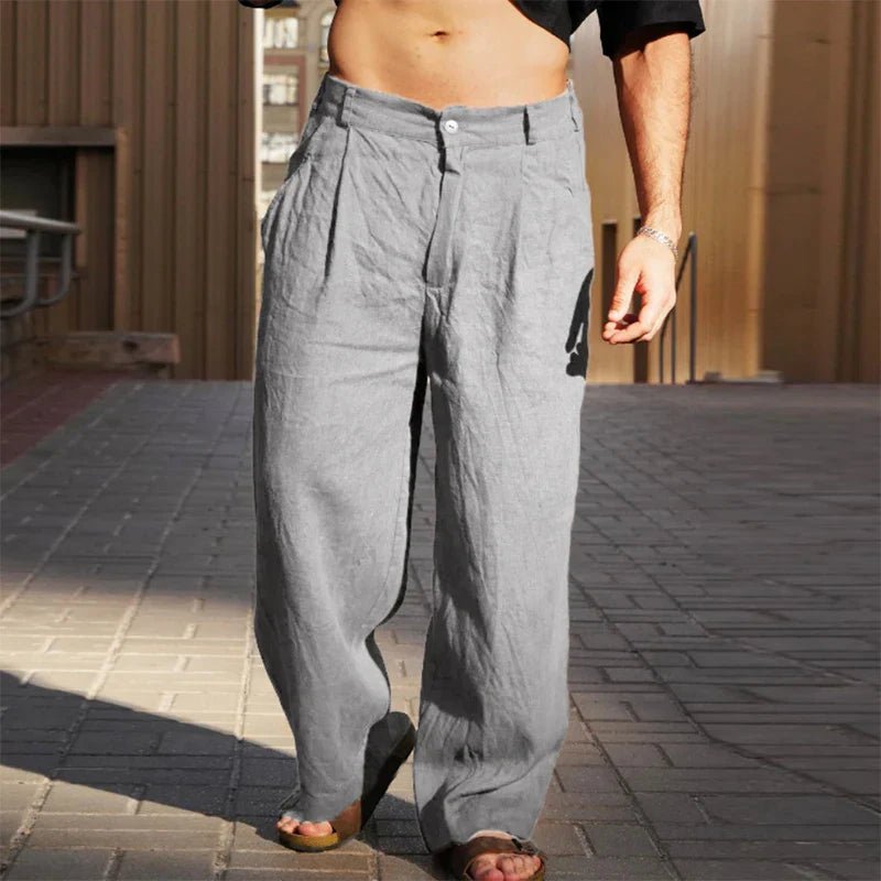 Comfortable men's trousers featuring a relaxed fit, wide leg, and elegant pleats for stylish ease.