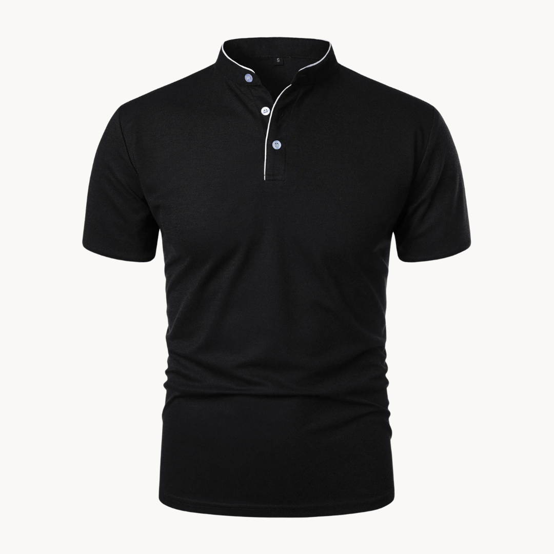 Navy Men's Mandarin Collar Short Sleeve Polo. Ideal for casual summer outfits or smart office wear.