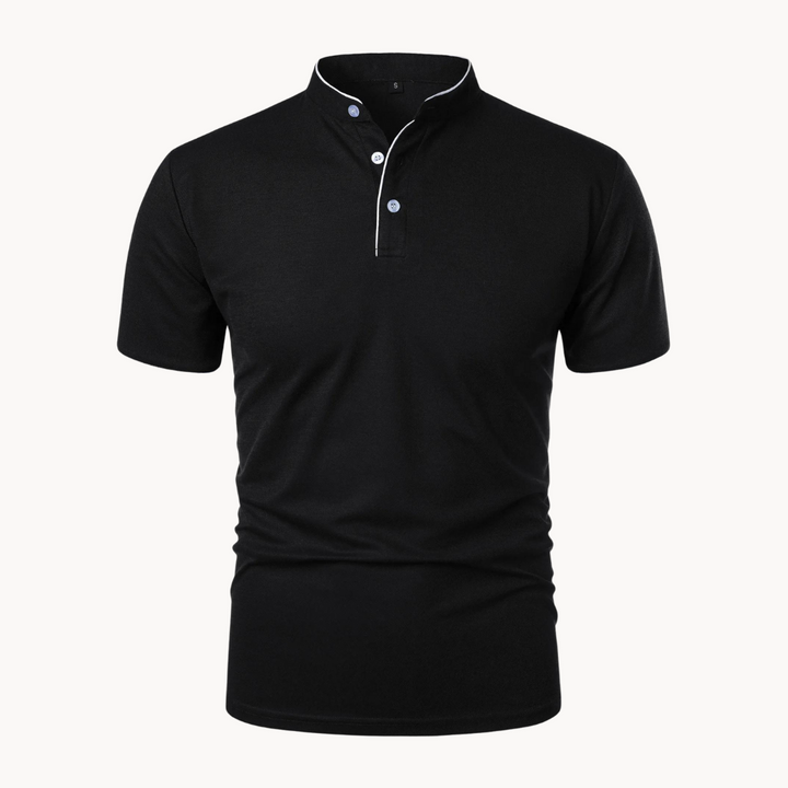 Navy Men's Mandarin Collar Short Sleeve Polo. Ideal for casual summer outfits or smart office wear.