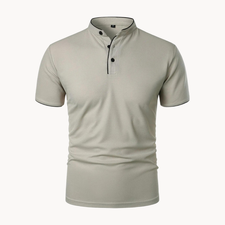 Black Men's Leandro Polo Shirt with Mandarin Collar. Short sleeve, modern & versatile for men's fashion.