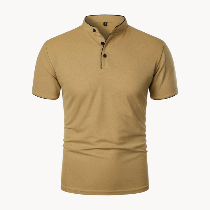 Versatile Men's Short Sleeve Polo Shirt with Mandarin Collar. Perfect for smart casual or modern office wear.