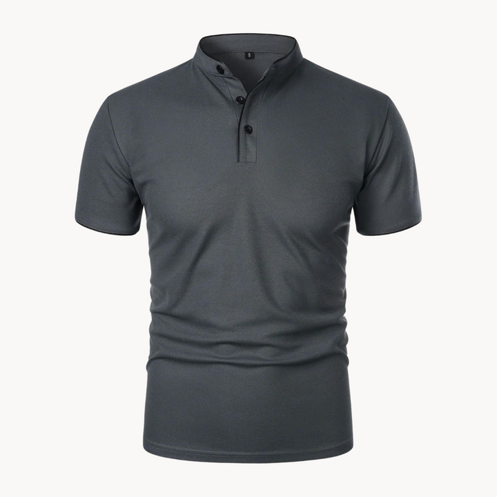 Men's short sleeve polo shirt featuring a sleek mandarin collar. Regular fit, suitable for casual & office.