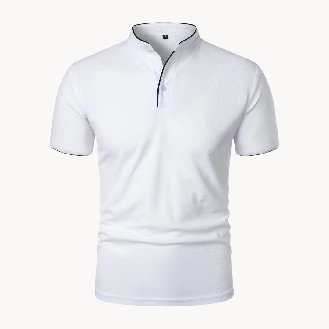Men's Leandro Mandarin Collar Short Sleeve Polo. Regular fit, smart casual, versatile navy or black styles.