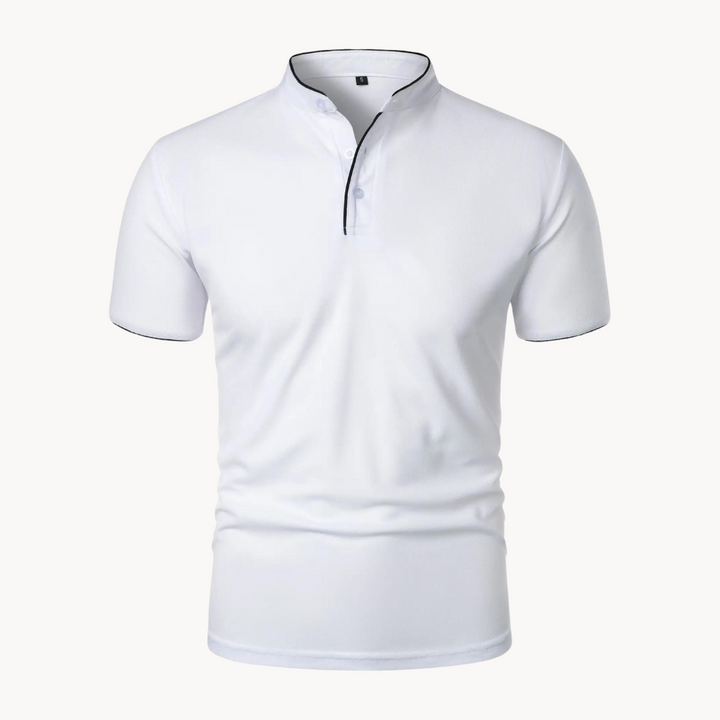 Men's Leandro Mandarin Collar Short Sleeve Polo. Regular fit, smart casual, versatile navy or black styles.