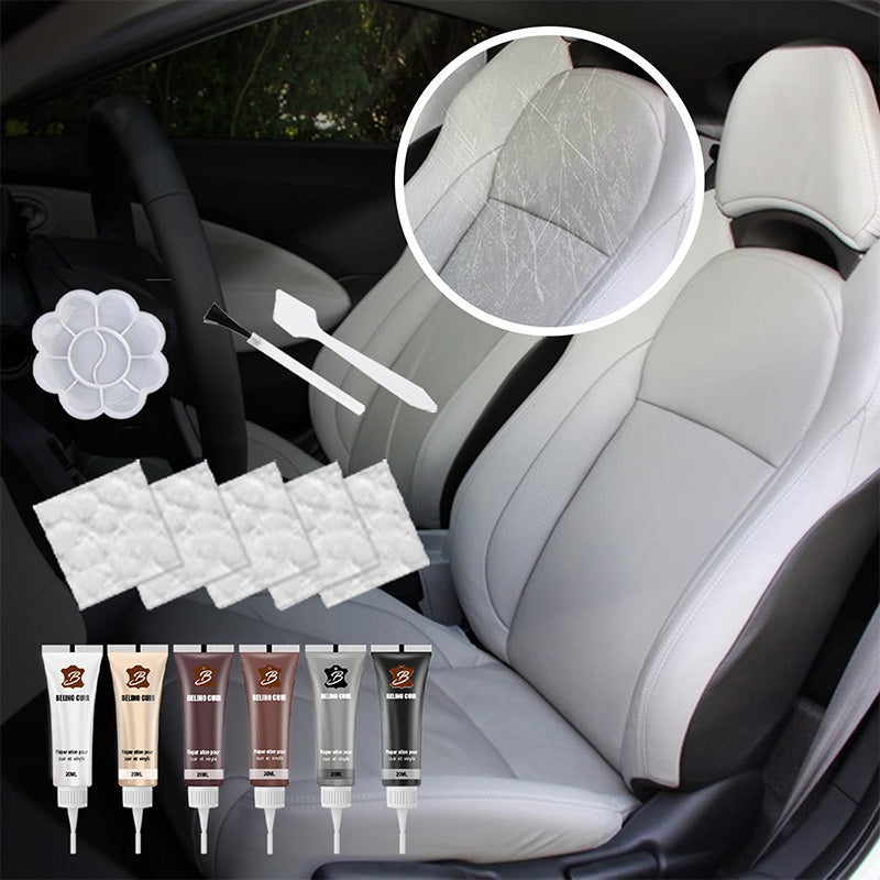 Multi-color leather repair paste kit. Fix car seats, furniture scratches, cracks. Includes essential repair tools.