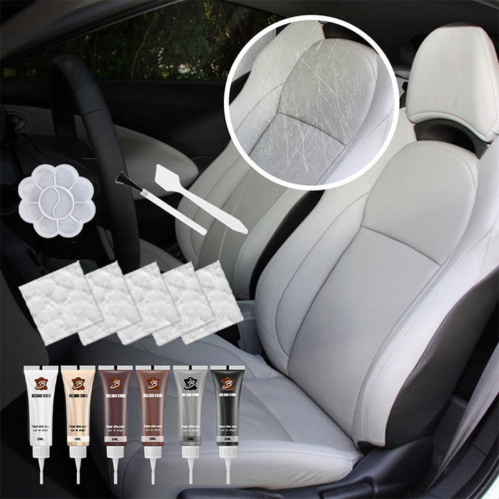 Multi-color leather repair paste kit. Fix car seats, furniture scratches, cracks. Includes essential repair tools.