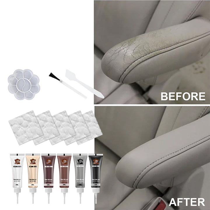 Premium leather repair solution: 6 color pastes, tools. Restore sofas, jackets, shoes. Removes scratches, fills cracks.