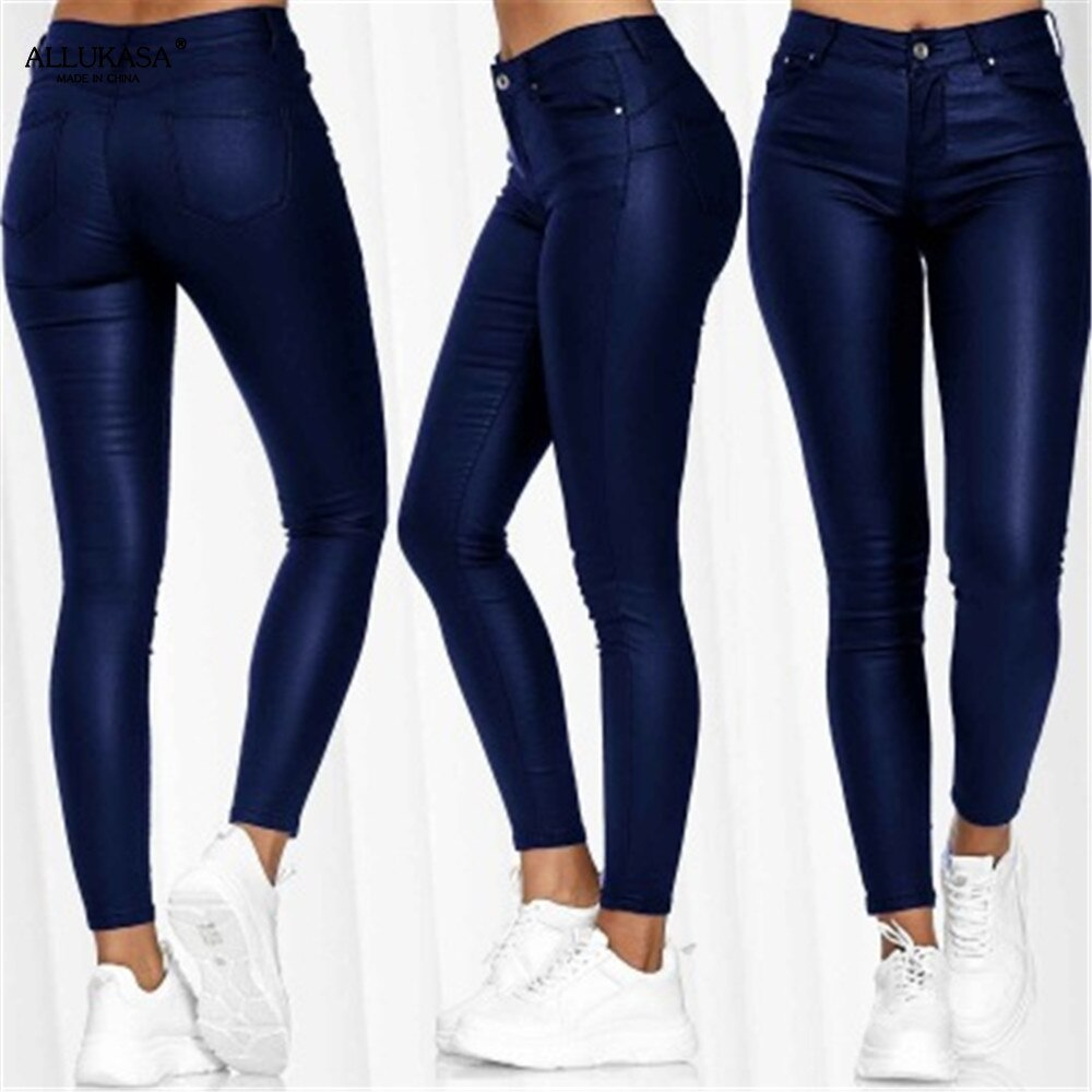 Elegant women's high waist stretch leather trousers, comfortable & chic for any occasion.