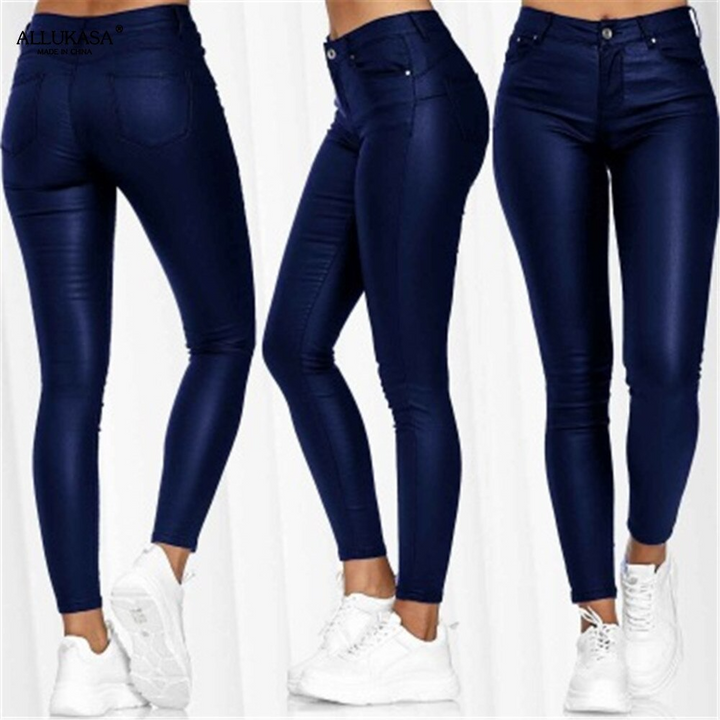 Elegant women's high waist stretch leather trousers, comfortable & chic for any occasion.
