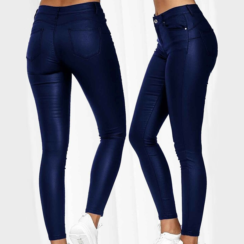 Autumn/winter women's high waist stretch leather trousers, slim fit with stylish pockets.