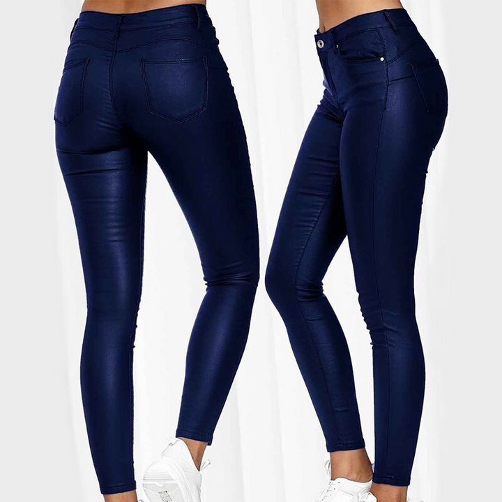 Autumn/winter women's high waist stretch leather trousers, slim fit with stylish pockets.