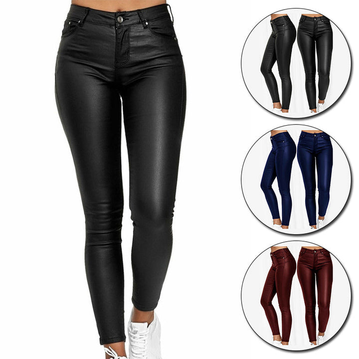 Chic women's skinny leather stretch pants, high waist design with practical pockets.