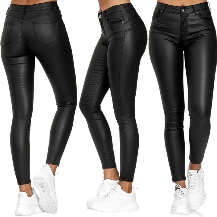 Versatile high waist stretch leather trousers for women, perfect for winter style.