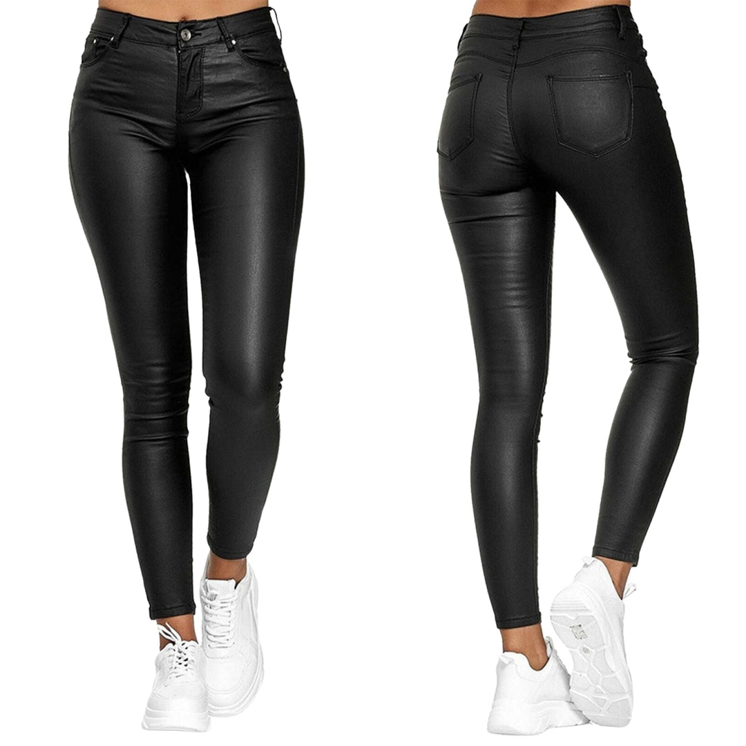 Fashionable high waist stretch leather trousers, women's skinny fit, ideal for autumn looks.