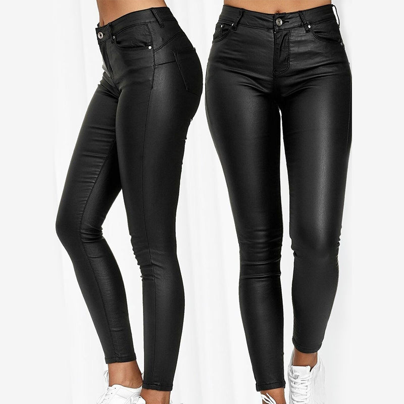 Slim fit women's high waist stretch leather trousers, comfortable with practical pockets.