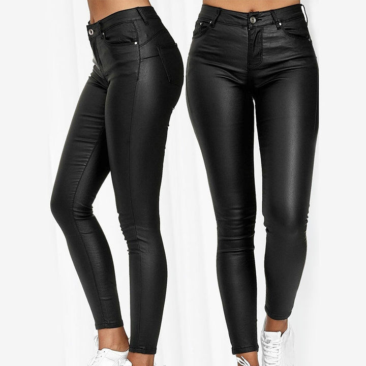 Slim fit women's high waist stretch leather trousers, comfortable with practical pockets.