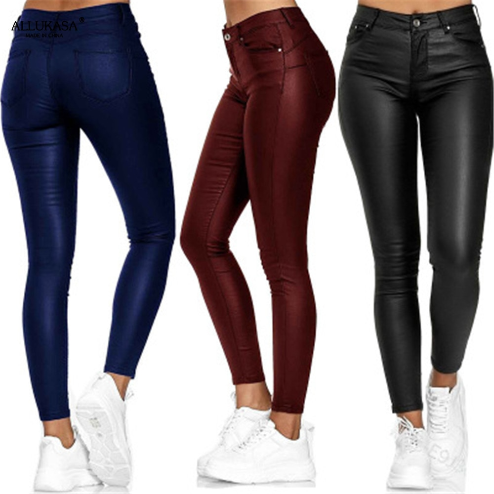 Women's high waist stretch leather trousers, slim fit & comfortable for autumn fashion.