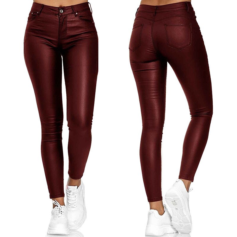 Comfortable women's slim fit leather stretch pants, high waist & stretchy for all-day wear.