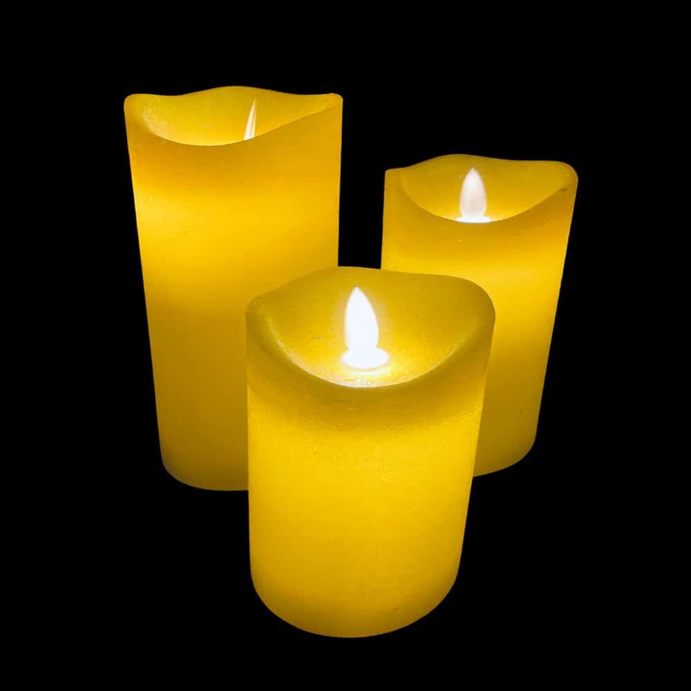 Rustic LED block candle set, 3-piece, with realistic 3D flame for safe home decor ambiance.