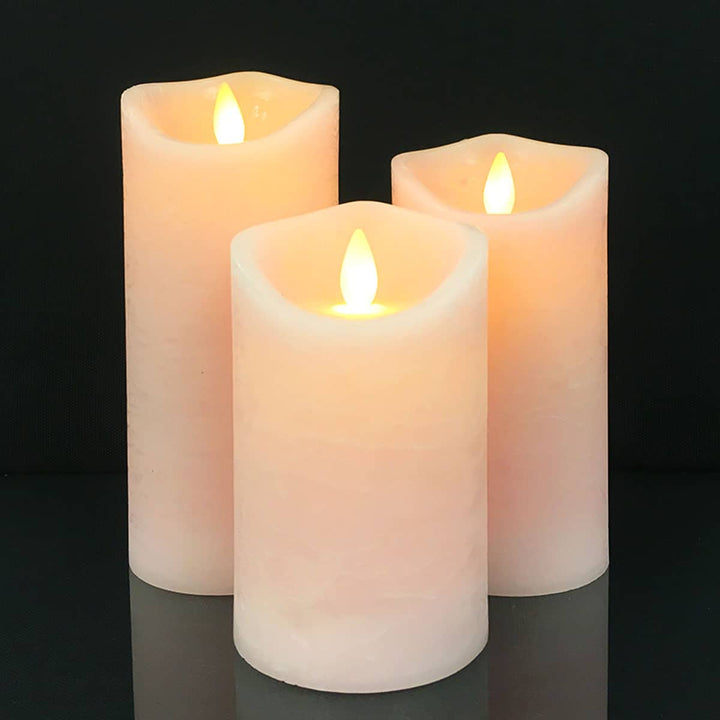 Decorative rustic LED block candles, 3-piece, featuring realistic 3D flames for authentic, safe light.
