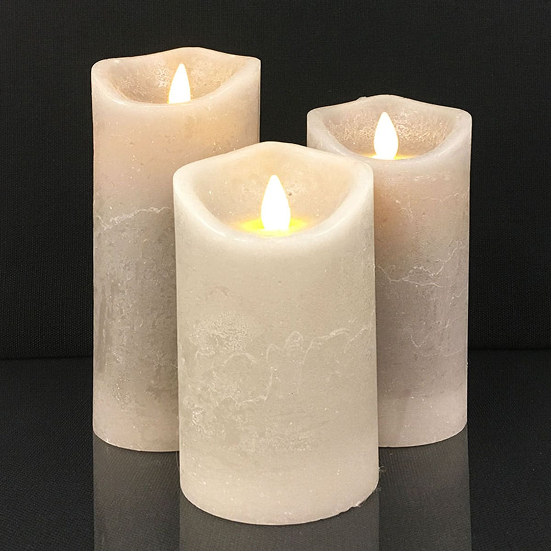 Rustic block LED candles, 3-piece set, flameless, with 3D flame for realistic, safe indoor lighting.