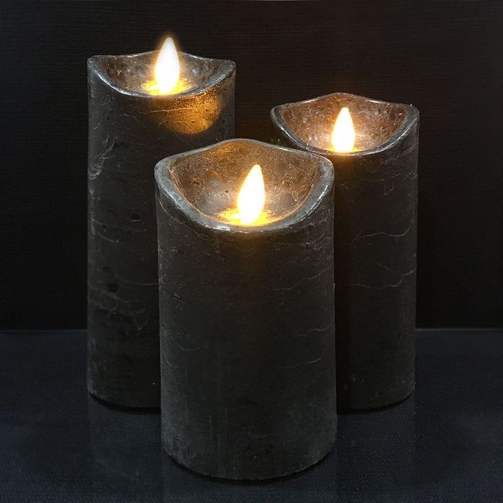 Flameless LED block candles, 3-piece, safe for home decor, providing warm light without fire.
