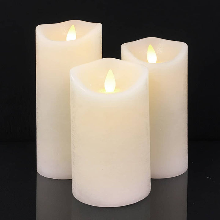 3-piece rustic LED candle set with 3D flame, remote control & timer for convenient, safe ambiance.